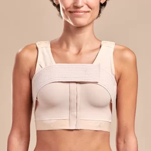 Post-surgery compression bra for breast augmentation and lift recovery at Vive Medical Spa Tijuana (model image, not a real patient)
