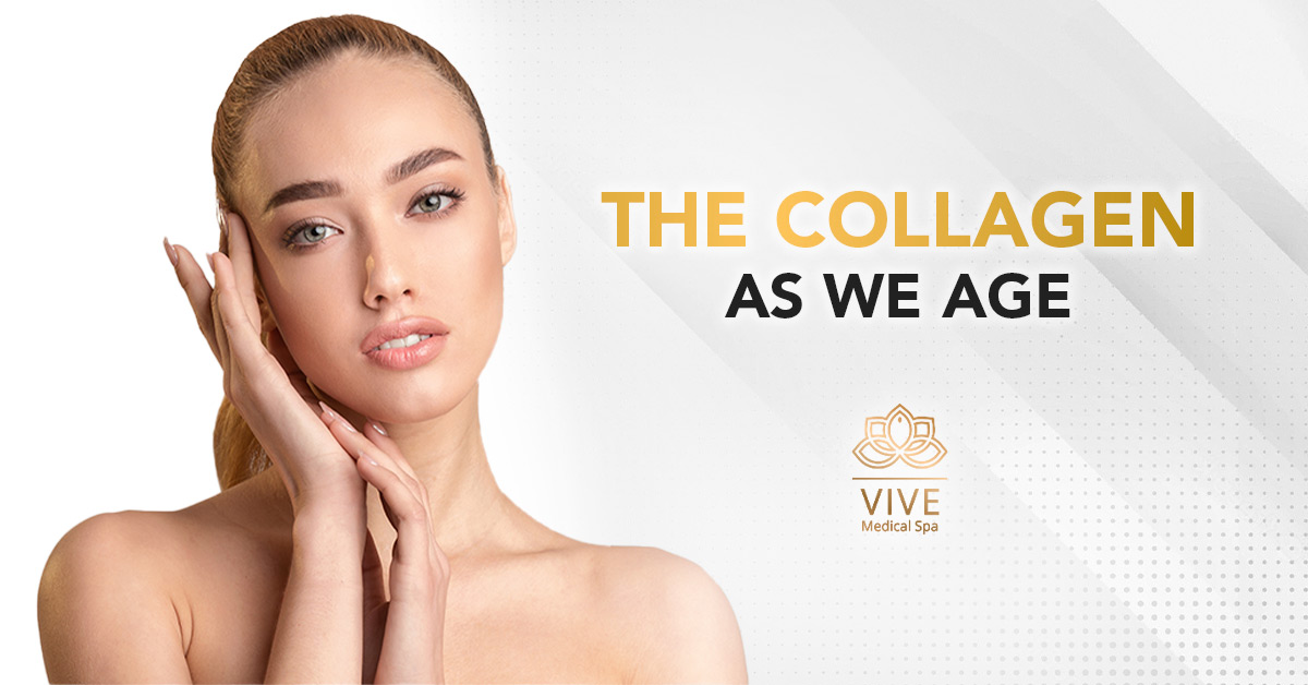 Beautiful young woman touching her face next to the text “The Collagen As We Age” on a promotional banner by VIVE Medical Spa.