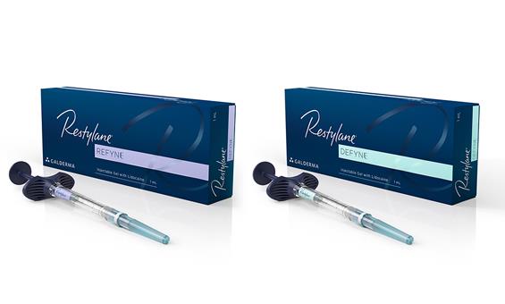 Restylane Refyne and Defyne dermal filler boxes with syringes from Galderma for facial wrinkle treatment