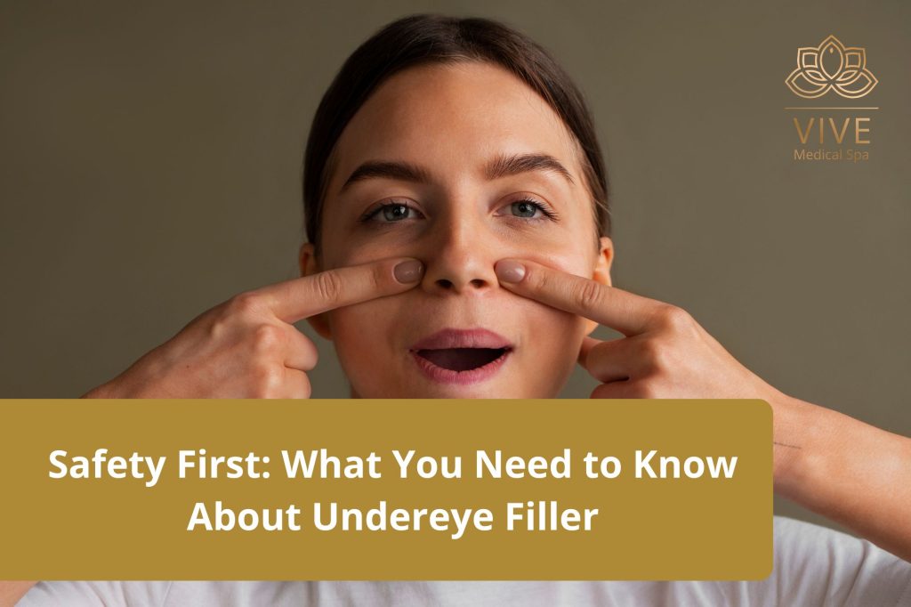 Woman touching under-eye area while learning about undereye fillers at VIVE Medical Spa in Tijuana.