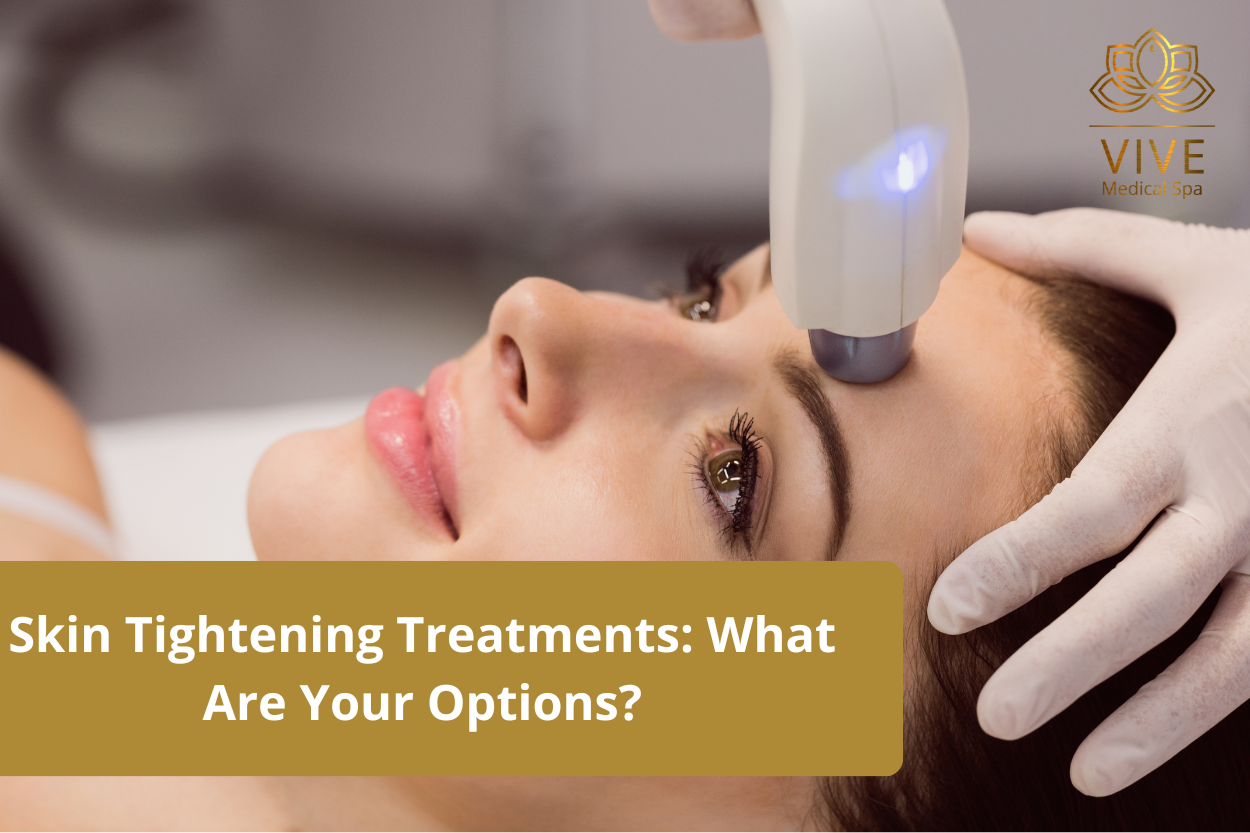 Woman undergoing radiofrequency skin tightening treatment at Vive Medical Spa, Tijuana.